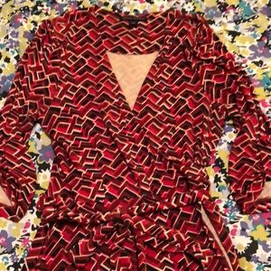 Red and brown wrap dress